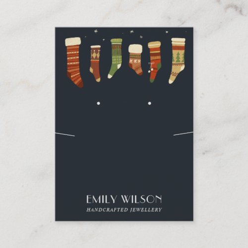 NAVY CHRISTMAS STOCKINGS NECKLACE EARRING DISPLAY BUSINESS CARD