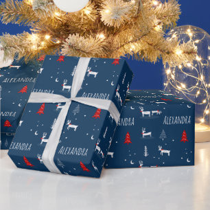 Navy Christmas Winter Woodland Custom Name Wrapping Paper