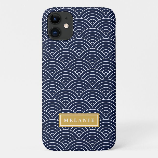 Navy Circle Wave Pattern Gold Name Template Case-Mate iPhone Case (Back)