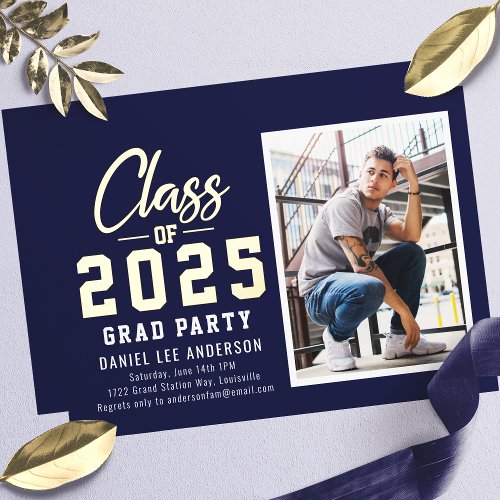 Navy Class Of 2025 Photo Graduation Party Foil Invitation