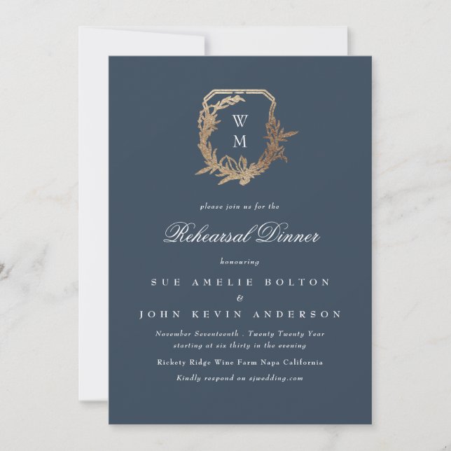 navy classic monogram gold crest rehearsal dinner invitation (Front)