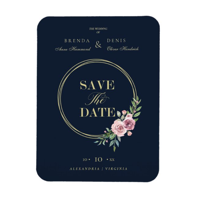 Navy Classic Romantic Elegant Pink Floral Wreath Magnet (Vertical)