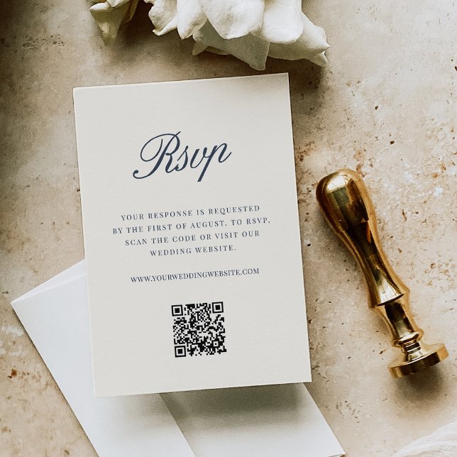 Navy | Classic Script Wedding QR Code RSVP Enclosure Card (Creator Uploaded)