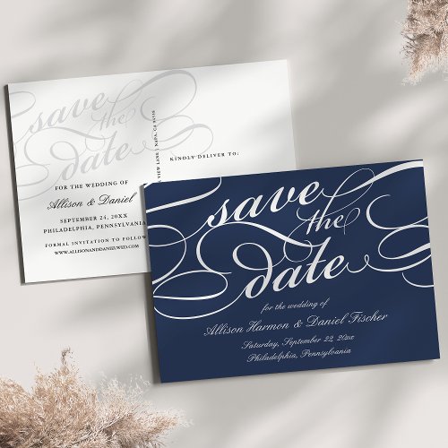 Navy  Classic Script Wedding Save the Date Announcement Postcard