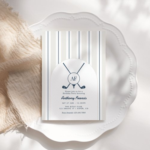 Navy & Cloud Dancer Monogram Preppy Golf Birthday Invitation