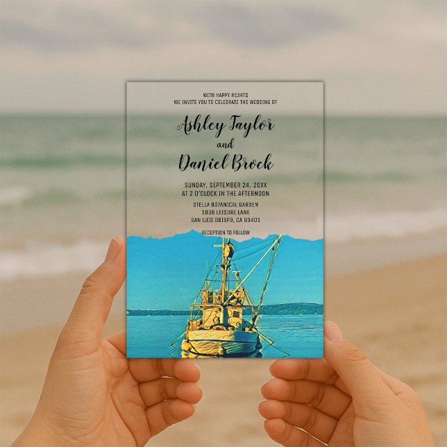 Navy Coastal Boat Beach Destination Wedding Acrylic Invitations (Creator Uploaded)