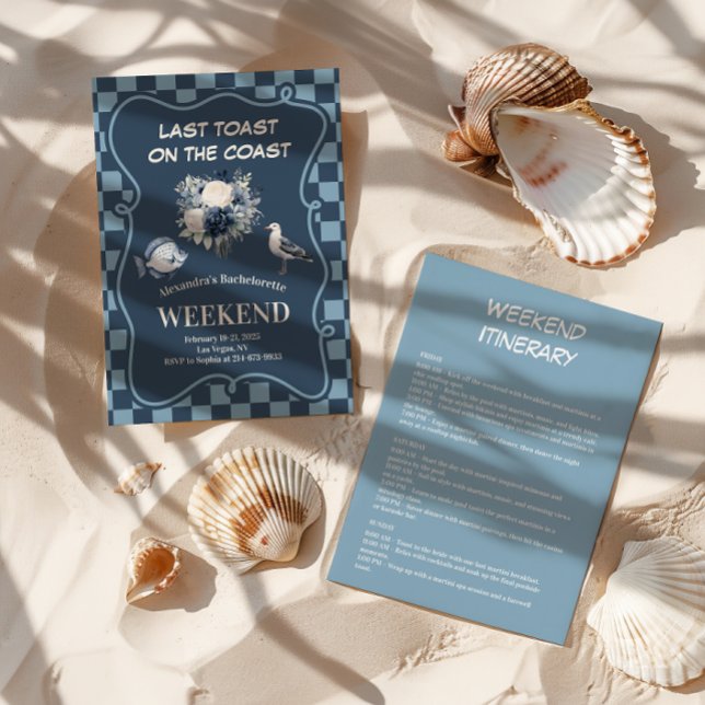 Navy Coastal Floral and Checkered Sea Bachelorette Invitation (Creator Uploaded)