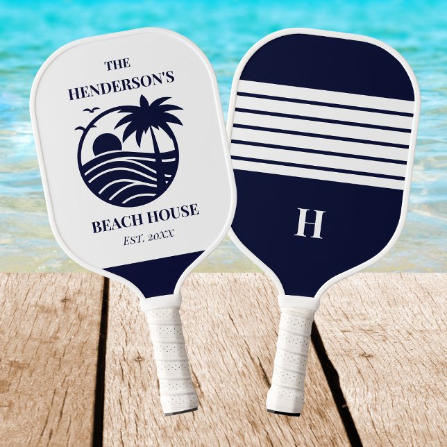 Navy Coastal Nautical Palm Tree Family Beach House Carbon Fiber Pickleball Paddle (Creator Uploaded)