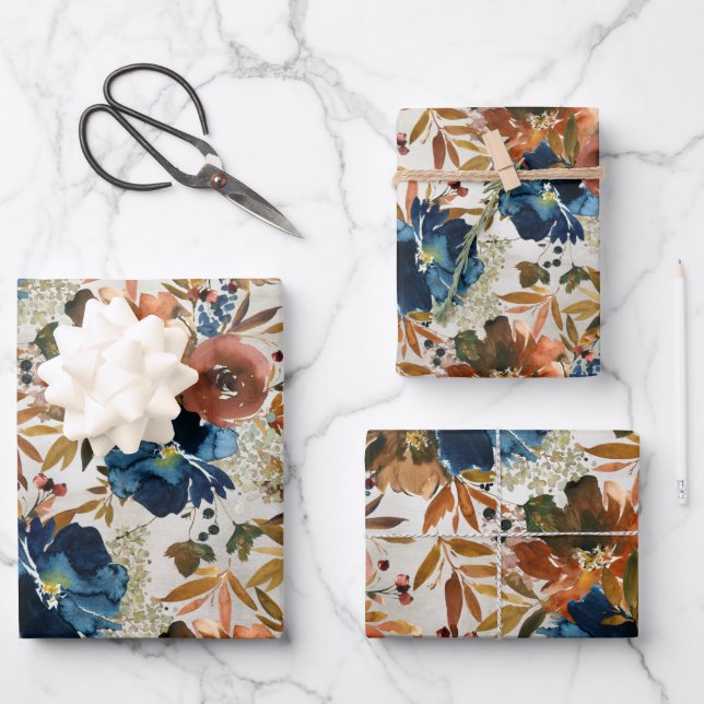 Navy & Coffee Peony Late Season Garden Wrapping Paper Sheets (Front)