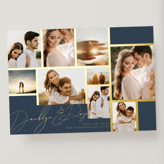 Navy Collage Multi Photo Save The Date Gold Frames Foil Invitation (Creator Uploaded)