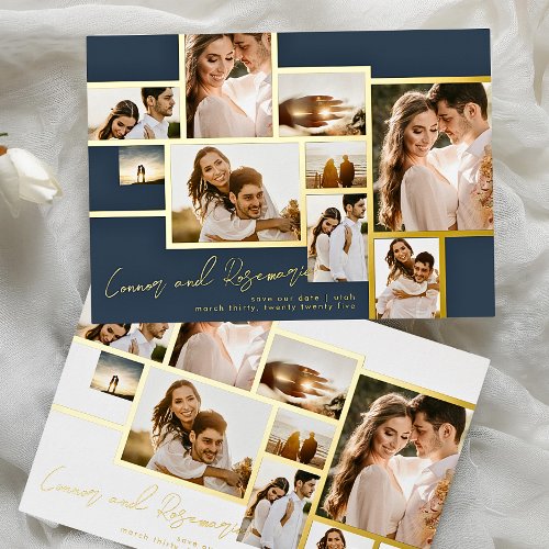 Navy Collage Multi Photo Save The Date Gold Frames Foil Invitation