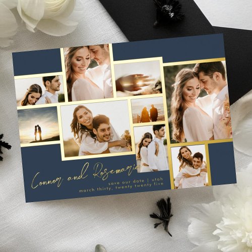 Navy Collage Multi Photo Save The Date Gold Frames Foil Invitation