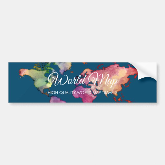 Navy Colorful Watercolor World Map Bumper Sticker (Front)