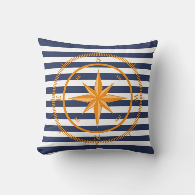 Navy Compass Reversible Throw Pillow (Front)