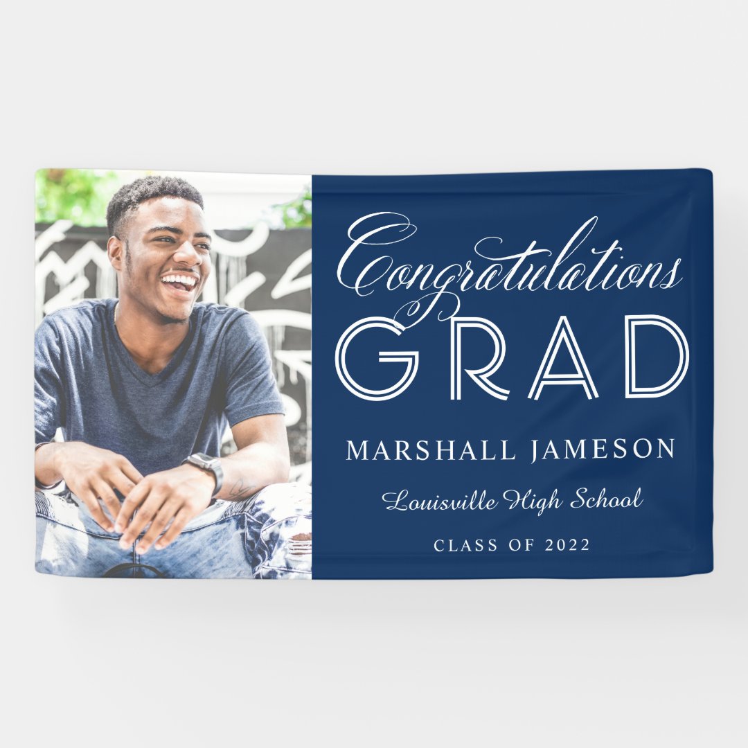 Navy Congratulations Calligraphy Graduation Photo Banner | Zazzle