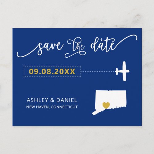 Navy Connecticut Wedding Save the Date Map Postcard