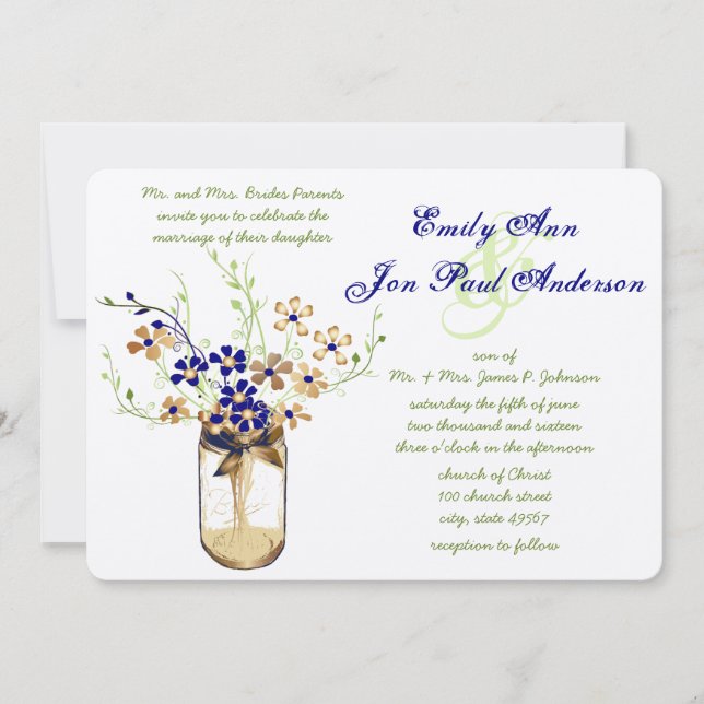 Navy Copper and Green Mason Jar Wild Flower Invitation (Front)