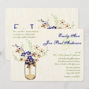 Navy Copper and Green Mason Jar Wild Flower Invitation