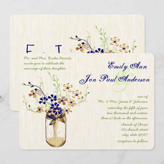 Navy Copper and Green Mason Jar Wild Flower Invitation (Front/Back)