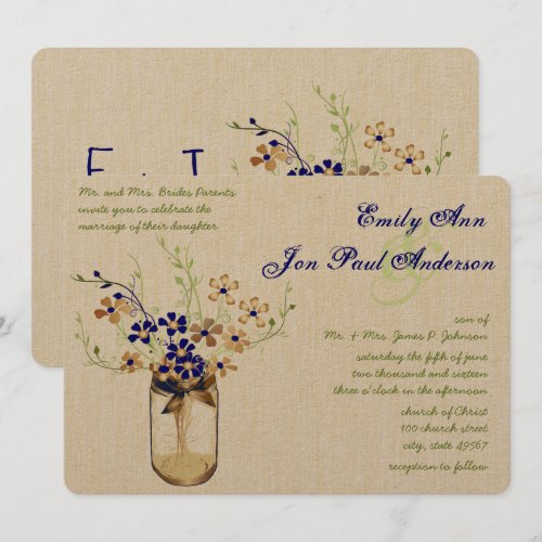 Navy Copper and Green Mason Jar Wild Flower Personalized Invitations