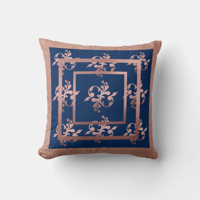 Navy & Copper Damask Throw Pillow (Front)