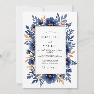 Navy Copper Elegant Botanical Wedding Invitation