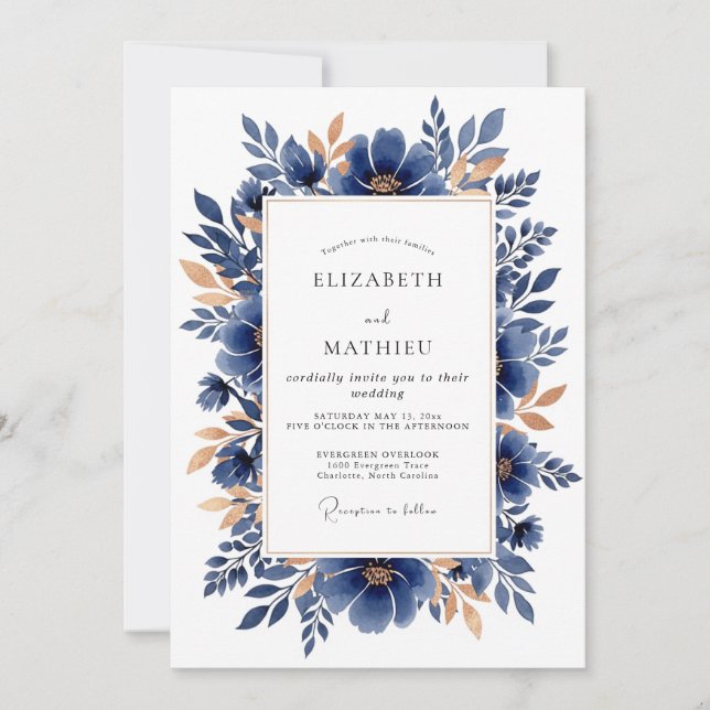 Navy Copper Elegant Botanical Wedding Invitation (Front)