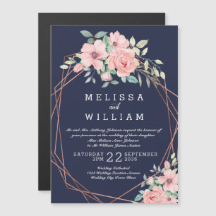 Navy Copper Geometric Watercolor Floral Wedding Magnetic Invitation