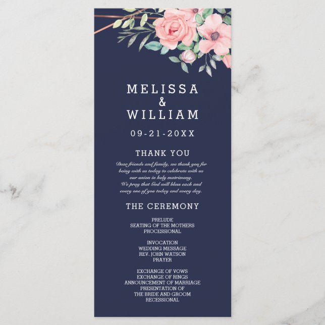 Navy Copper Geometric Watercolor Floral Wedding Program (Front)