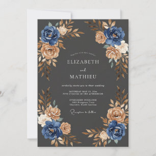 Navy Copper Leafy Wedding Invitation