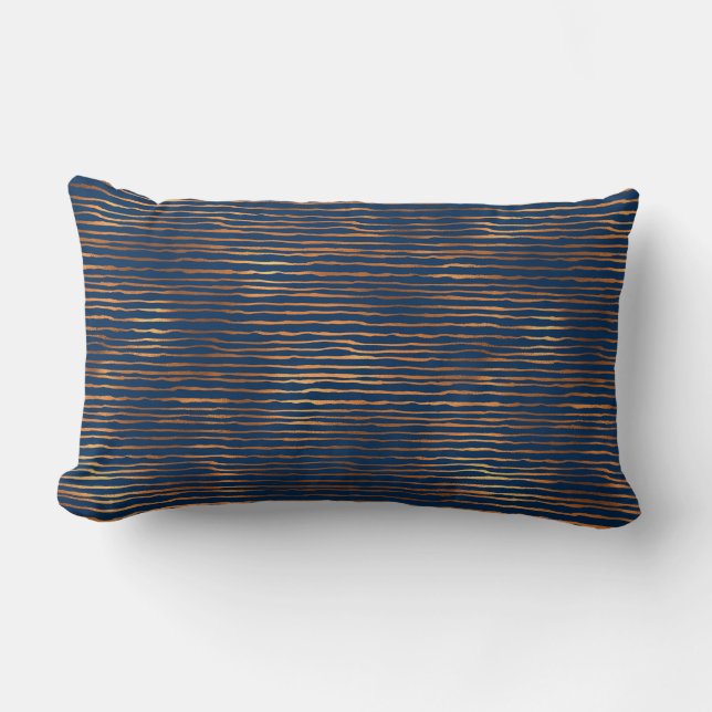 Navy Copper Metallic Modern Stripes Lumbar Pillow (Front)