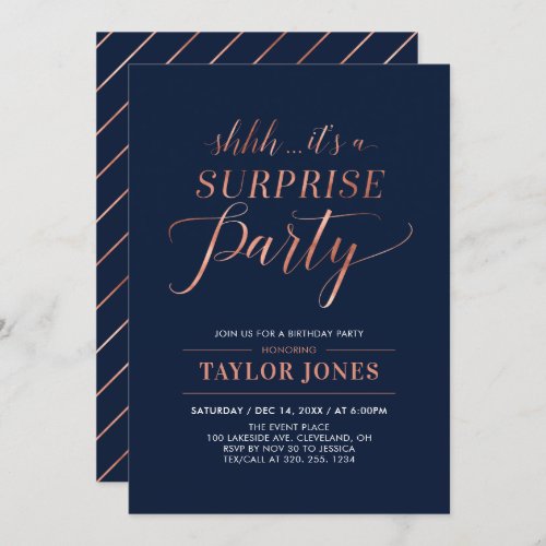 Navy  Copper  Modern Surprise Birthday Party Invitation