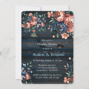 Navy & Copper Peony Wood Couples Shower Invitation