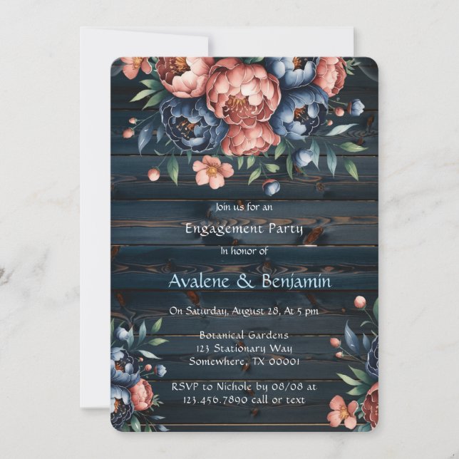 Navy & Copper Peony Wood Engagement Party Invitation (Front)