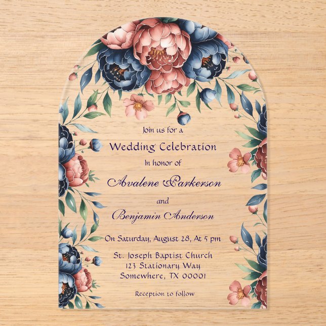 Navy & Copper Peony Wood Wedding Celebration Acrylic Invitations (Front)