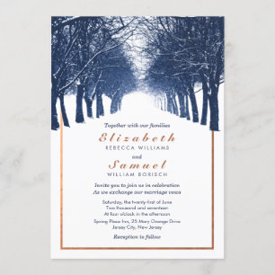 Navy Copper Winter Trees Avenue Wedding Invitation