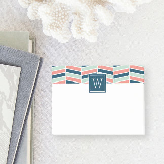 Navy, Coral and Aqua Herringbone Monogram Post-it Notes
