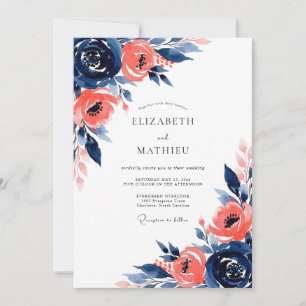 Navy Coral Artistic Bloom Wedding Invitation
