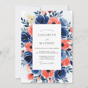Navy Coral Bloom Romance Wedding Invitation