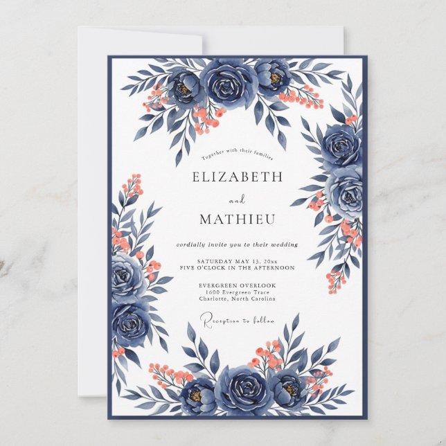 Navy Coral Blossom Romance Wedding Invitation (Front)