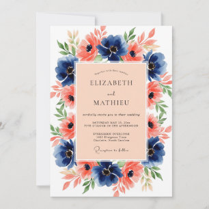 Navy Coral Blossoming Summer Wedding Invitation