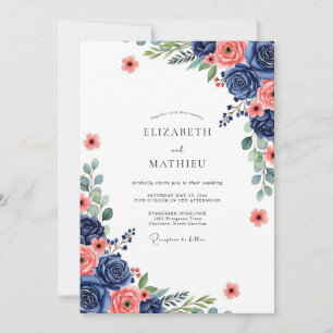 Navy Coral Botanical Bliss Wedding Invitation