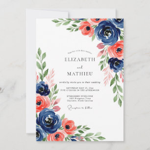 Navy Coral Botanical Bloom Wedding Invitation