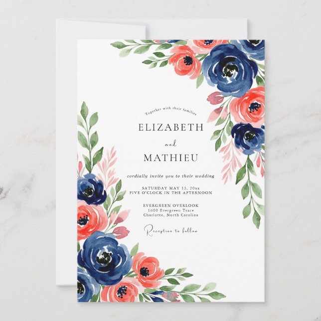 Navy Coral Botanical Bloom Wedding Invitation (Front)