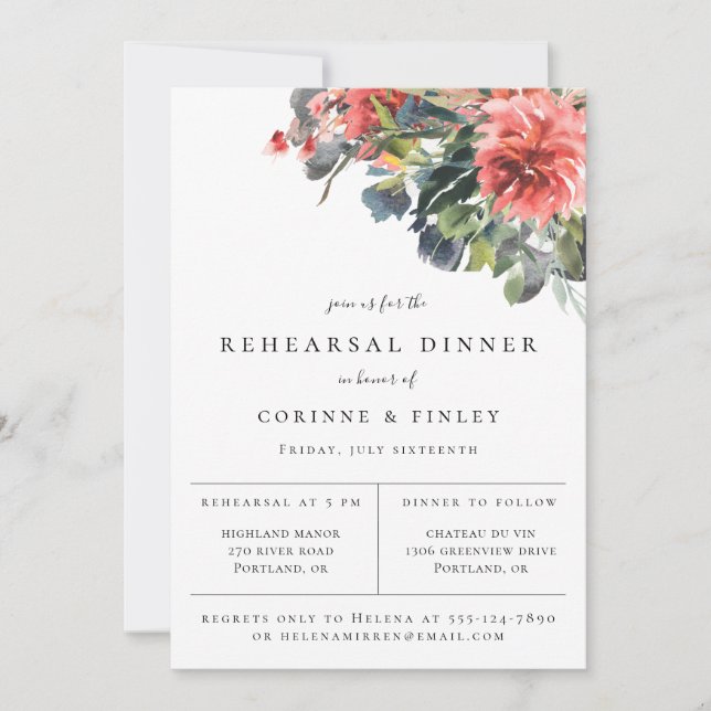 Navy Coral Botanical Rehearsal Dinner Announcement (Front)