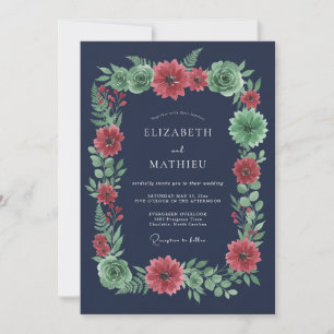 Navy Coral Botanical Romance Wedding Invitation