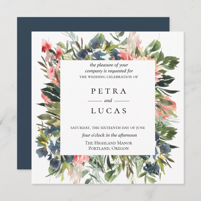 Navy Coral Botanical Wedding Invitation (Front/Back)