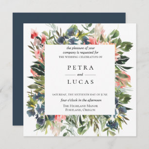 Navy Coral Botanical Wedding Invitation