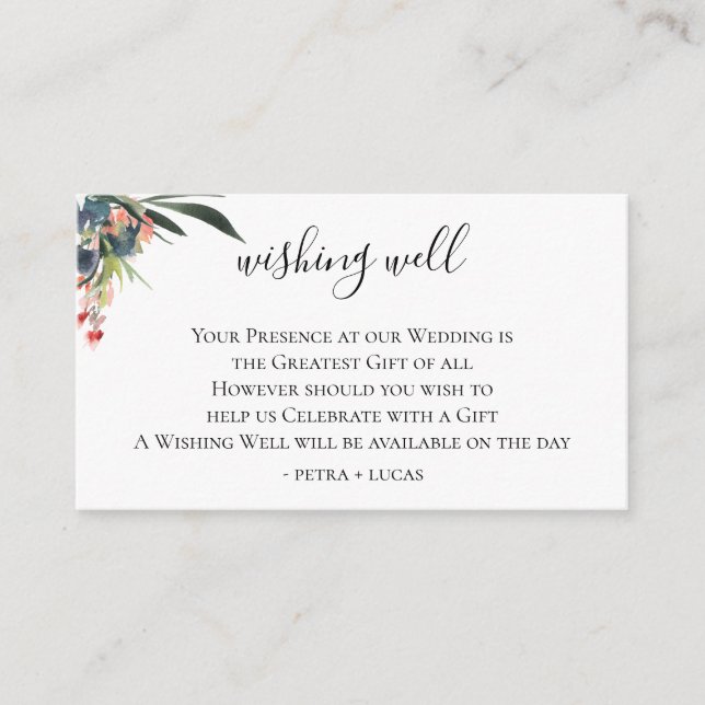Navy Coral Botanical Wedding Wishing Well Enclosure Card (Front)