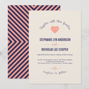 Navy coral curve love heart wedding invitation
